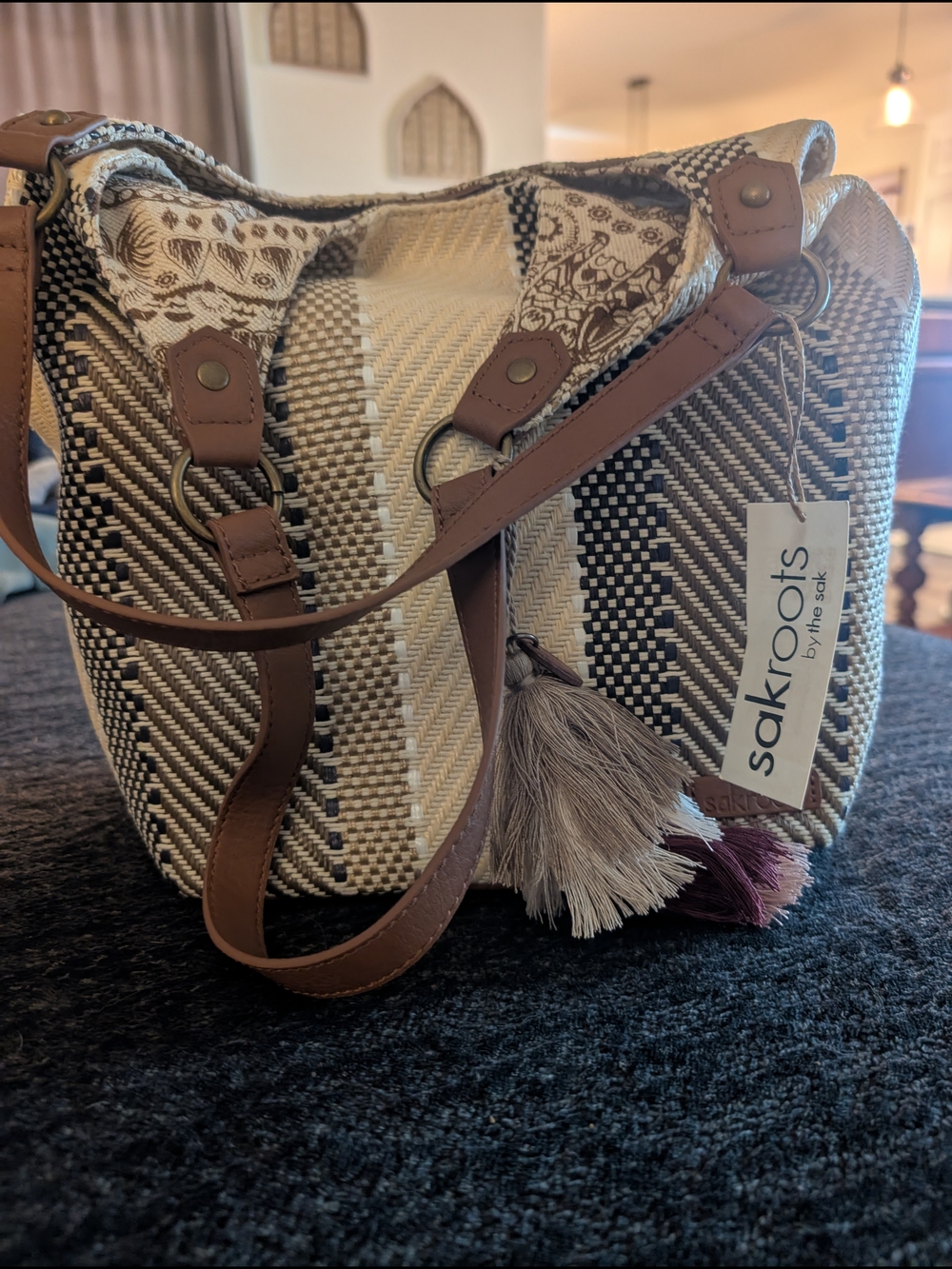 Sakroots Roma Striped Woven Tote Bag in Brown and Cream. New With Tags